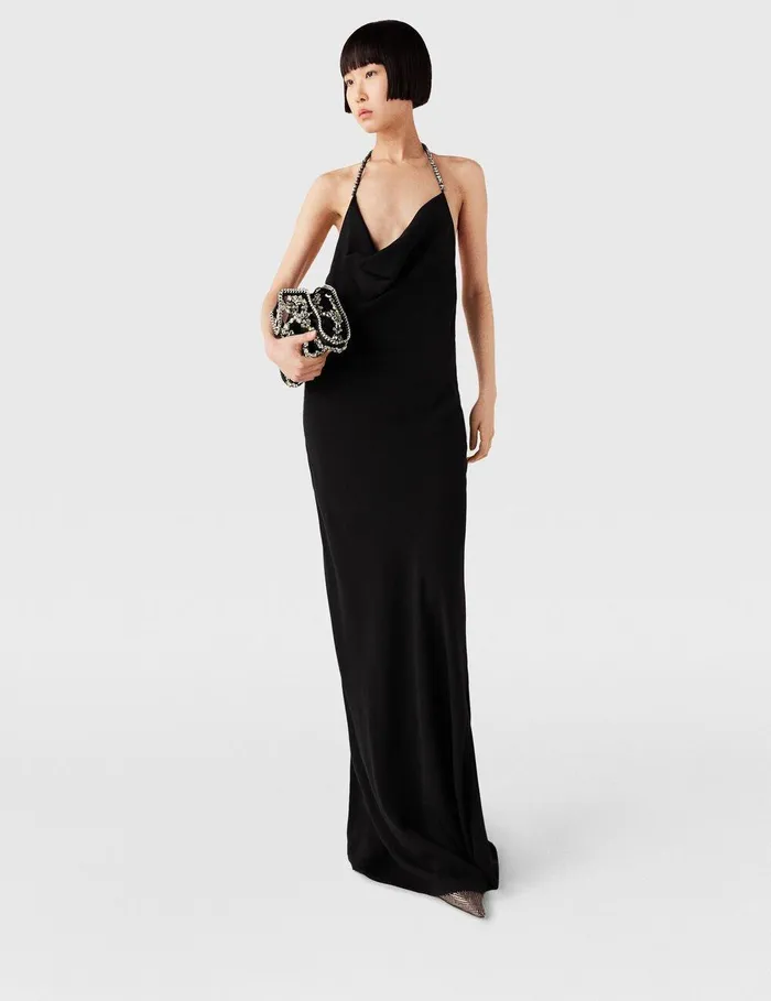 Stella McCartney Dresses Women Plunge Crystal Halterneck Maxi Dress Black And Silver