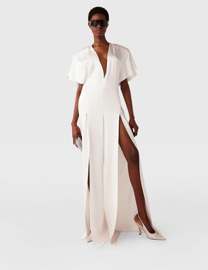 Stella McCartney Dresses Women Plunge Neck LegSlit Jumpsuit White Stella McCartney Dresses Women Plunge Neck LegSlit Jumpsuit White