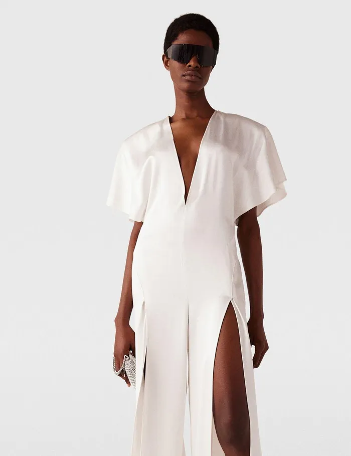 Stella McCartney Dresses Women Plunge Neck LegSlit Jumpsuit White Stella McCartney Dresses Women Plunge Neck LegSlit Jumpsuit White