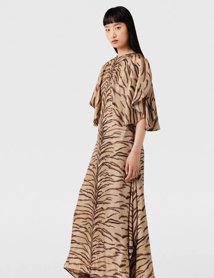 Stella McCartney Dresses Women Tiger Print Puff Sleeve Maxi Dress Natural Tiger Print