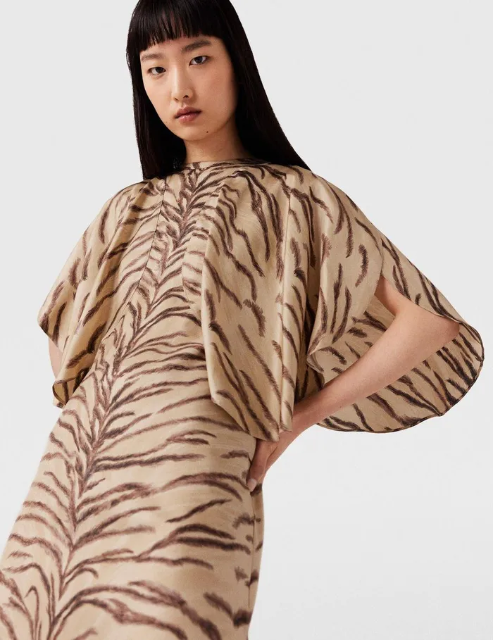 Stella McCartney Dresses Women Tiger Print Puff Sleeve Maxi Dress Natural Tiger Print