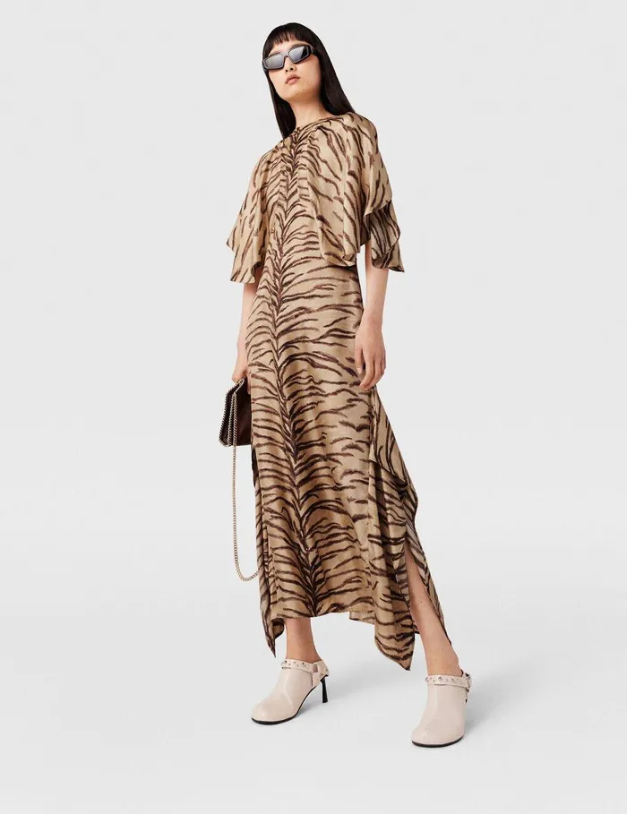Stella McCartney Dresses Women Tiger Print Puff Sleeve Maxi Dress Natural Tiger Print