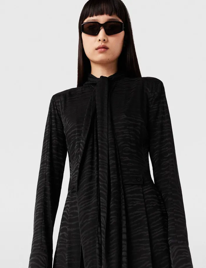 Stella McCartney Dresses Women Tiger Print TieNeck Midi Dress Black Tiger Print Stella McCartney Dresses Women Tiger Print TieNeck Midi Dress Black Tiger Print