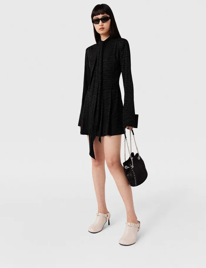 Stella McCartney Dresses Women Tiger Print TieNeck Midi Dress Black Tiger Print Stella McCartney Dresses Women Tiger Print TieNeck Midi Dress Black Tiger Print
