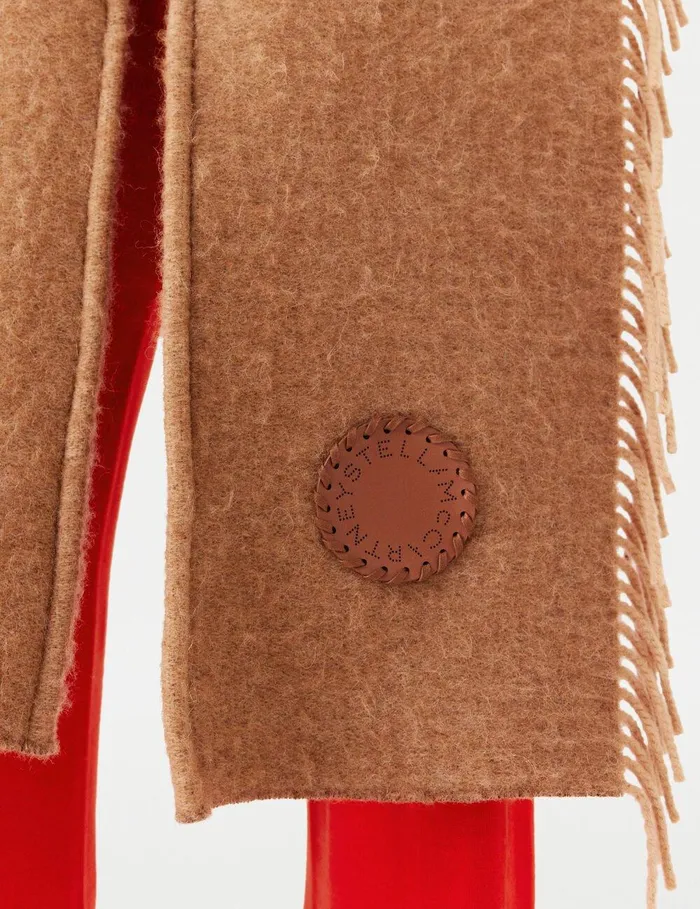 Stella McCartney Knitwear Women Fringed Logo Scarf Camel