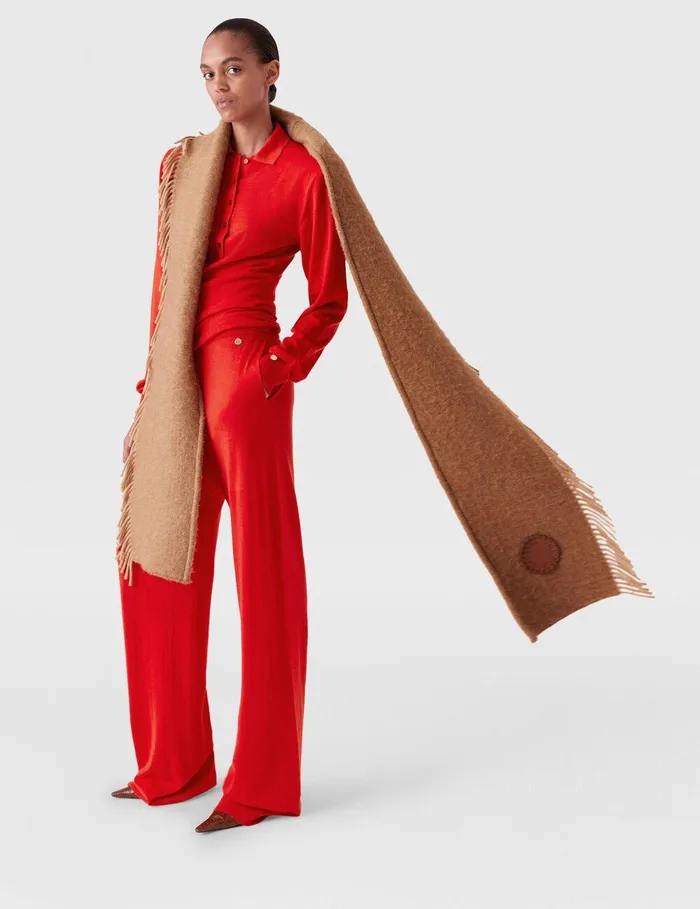 Stella McCartney Knitwear Women Fringed Logo Scarf Camel