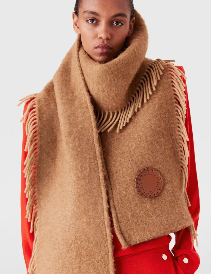 Stella McCartney Knitwear Women Fringed Logo Scarf Camel