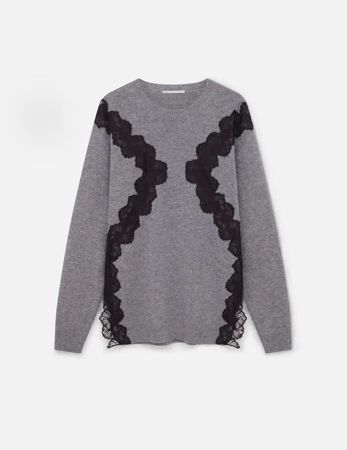 Stella McCartney Knitwear Women Lace Insert Long Sleeve Sweater Grey Melange