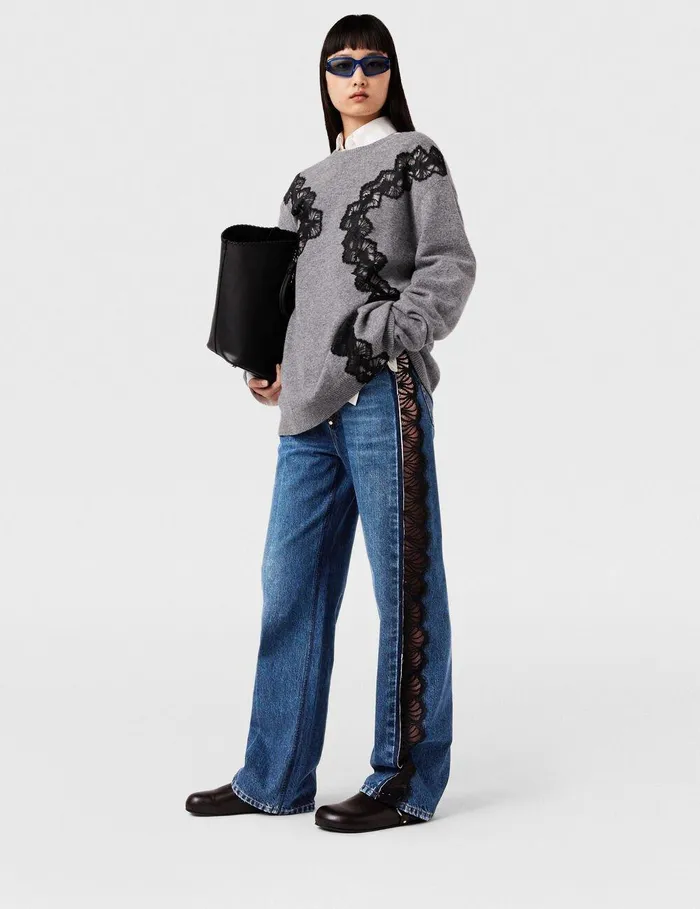 Stella McCartney Knitwear Women Lace Insert Long Sleeve Sweater Grey Melange