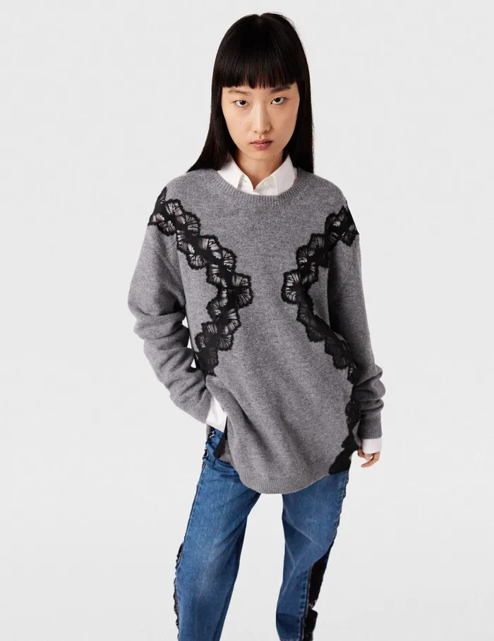 Stella McCartney Knitwear Women Lace Insert Long Sleeve Sweater Grey Melange