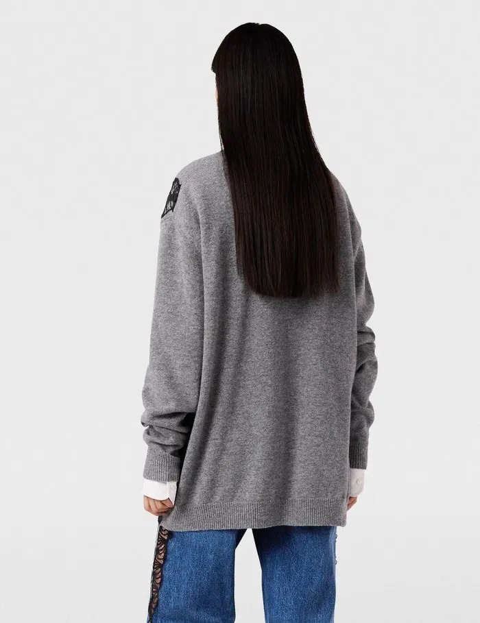 Stella McCartney Knitwear Women Lace Insert Long Sleeve Sweater Grey Melange