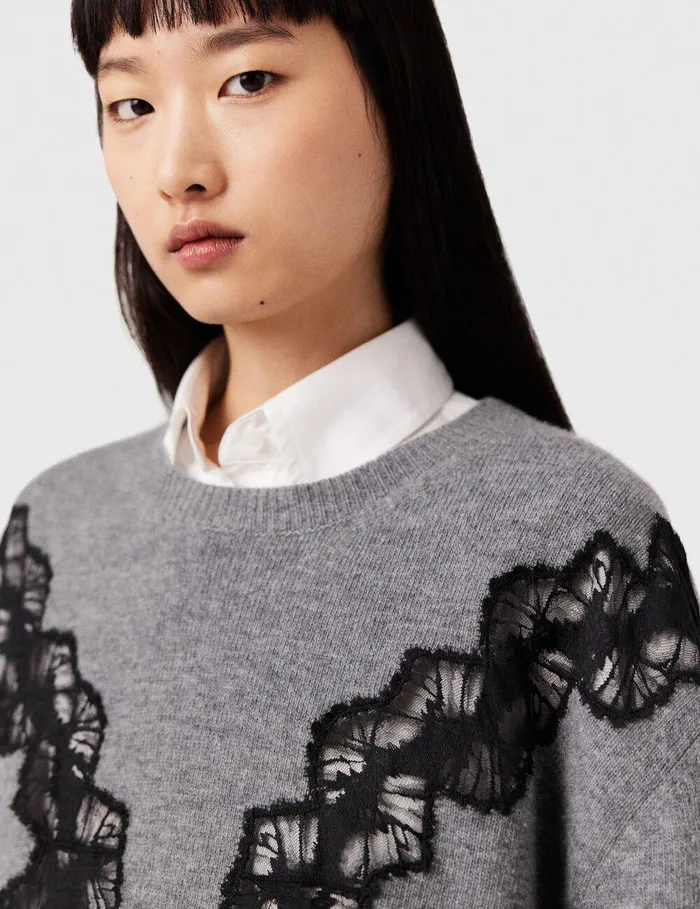Stella McCartney Knitwear Women Lace Insert Long Sleeve Sweater Grey Melange