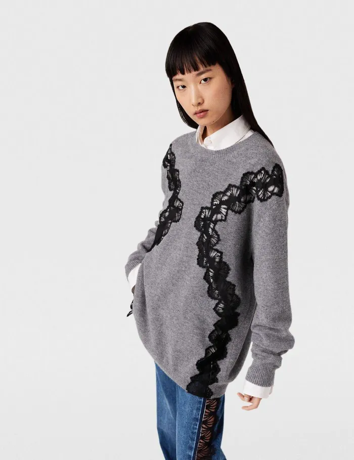 Stella McCartney Knitwear Women Lace Insert Long Sleeve Sweater Grey Melange
