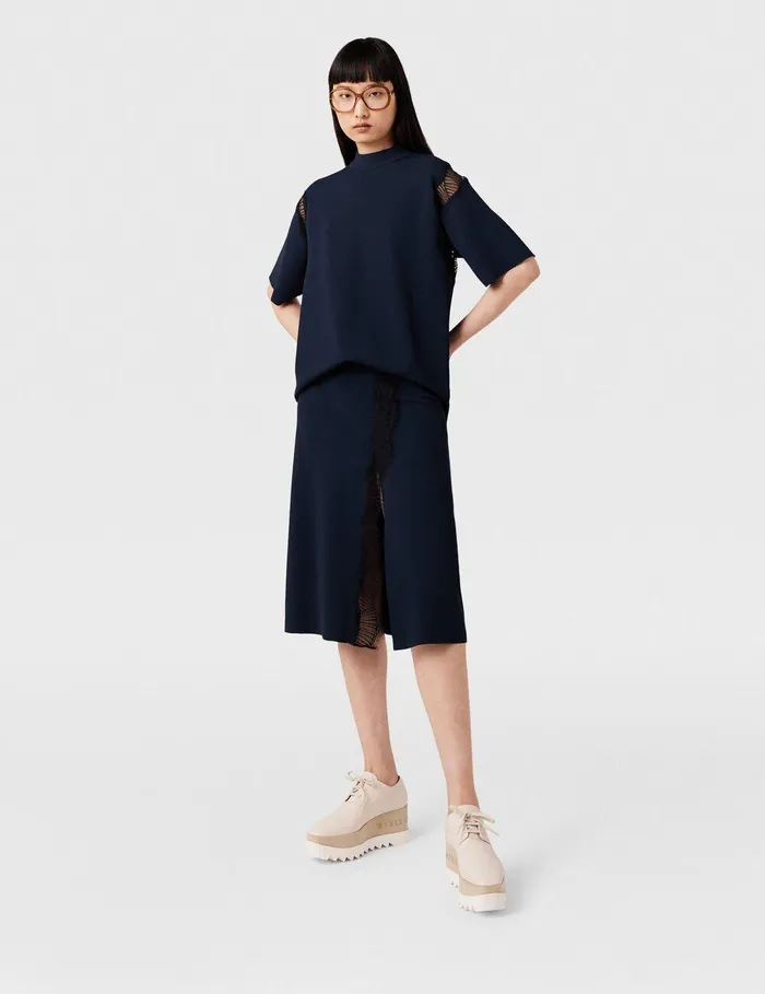 Stella McCartney Knitwear Women Lace Insert MidRise Midi Skirt Deep Navy