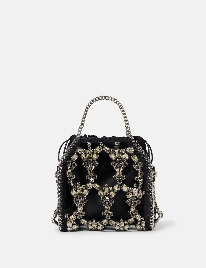 Stella McCartney Mini Bags And Clutches Women Falabella Tiny Crystal Cage Tote Bag Pitch Black