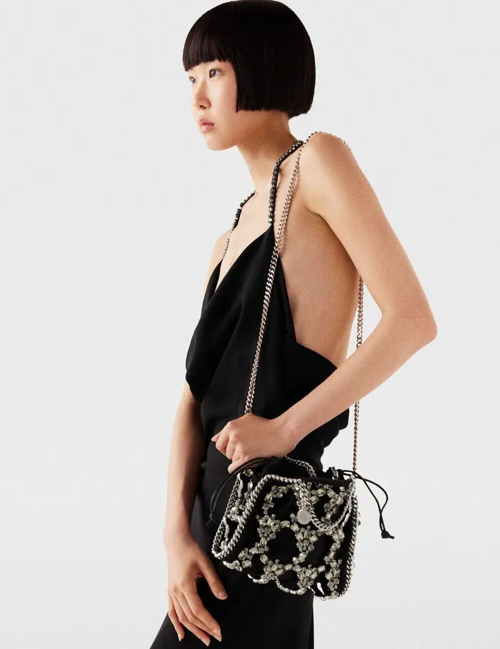 Stella McCartney Mini Bags And Clutches Women Falabella Tiny Crystal Cage Tote Bag Pitch Black