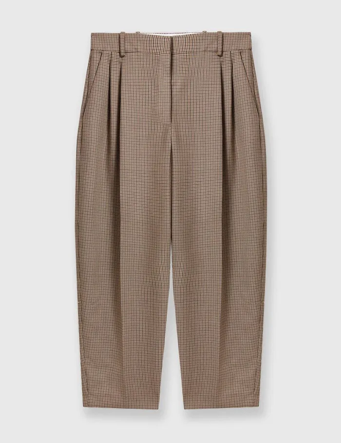 Stella McCartney Pants And Shorts Women Pleated Houndstooth Wool Pants Brown
