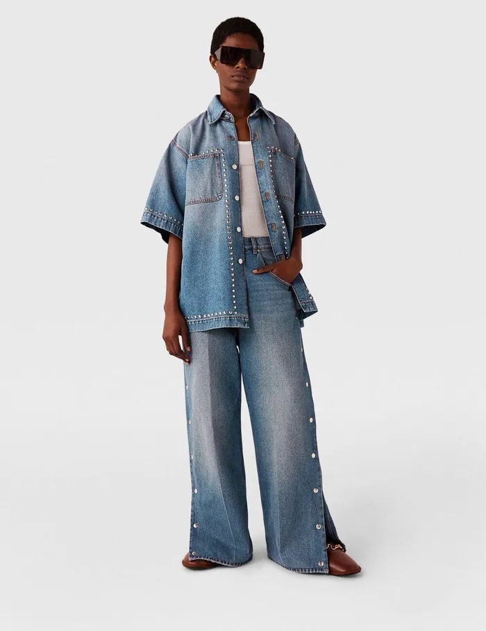 Stella McCartney Pants And Shorts Women PopperStudded Bootcut Denim Jeans Classic Wash Blue Denim