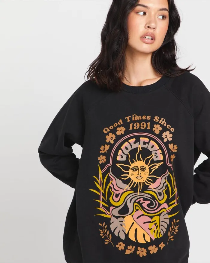 Stone Magic Boyfriend Crew Sweatshirt 8211 Black Womens Volcom Hoodies and Sweatshirts
