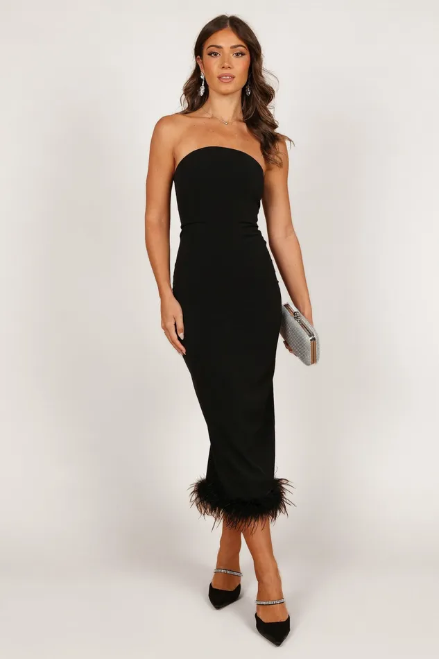 Strapless Dresses Clara Feather Trim Midi Dress Black 8211 Petal and Pup Women