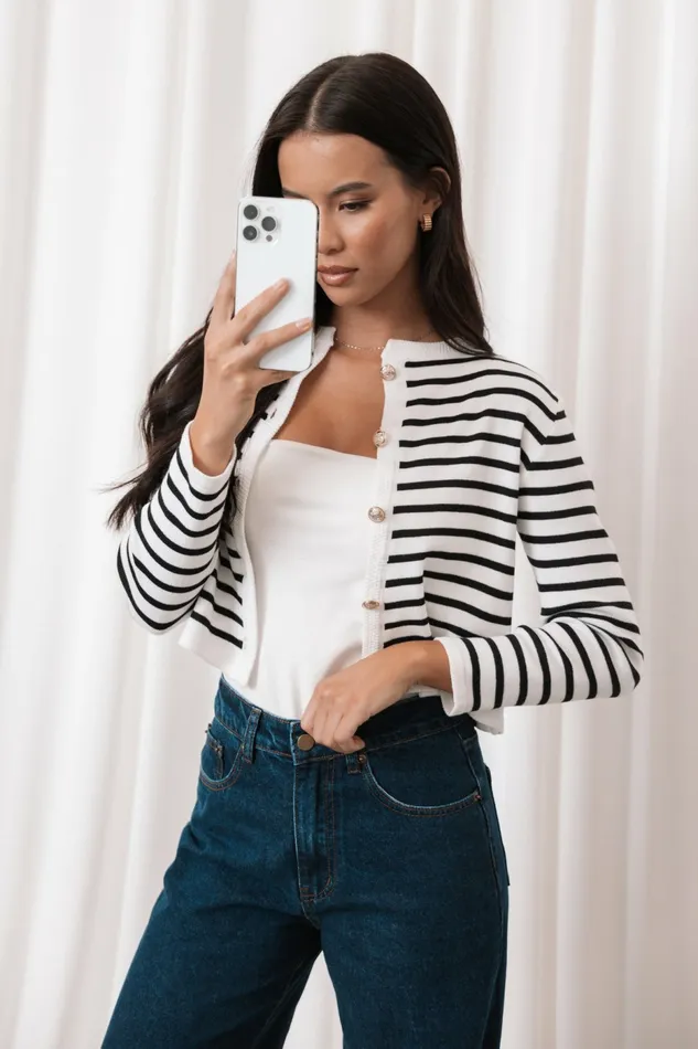 Sweaters Cynthia Striped Button Front Cardigan BlackCream Petal and Pup Women