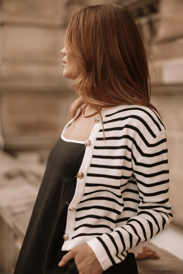 Sweaters Cynthia Striped Button Front Cardigan BlackCream Petal and Pup Women