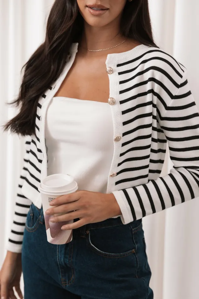 Sweaters Cynthia Striped Button Front Cardigan BlackCream Petal and Pup Women