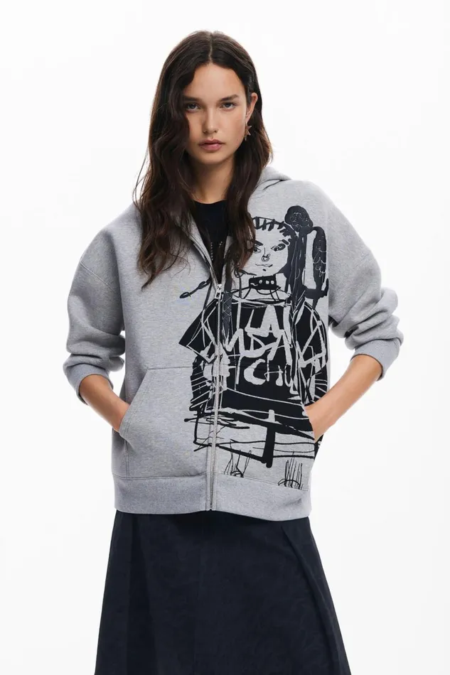 Sweaters Women Desigual Printed Zipper Sweatshirt M Christian Lacroix Black