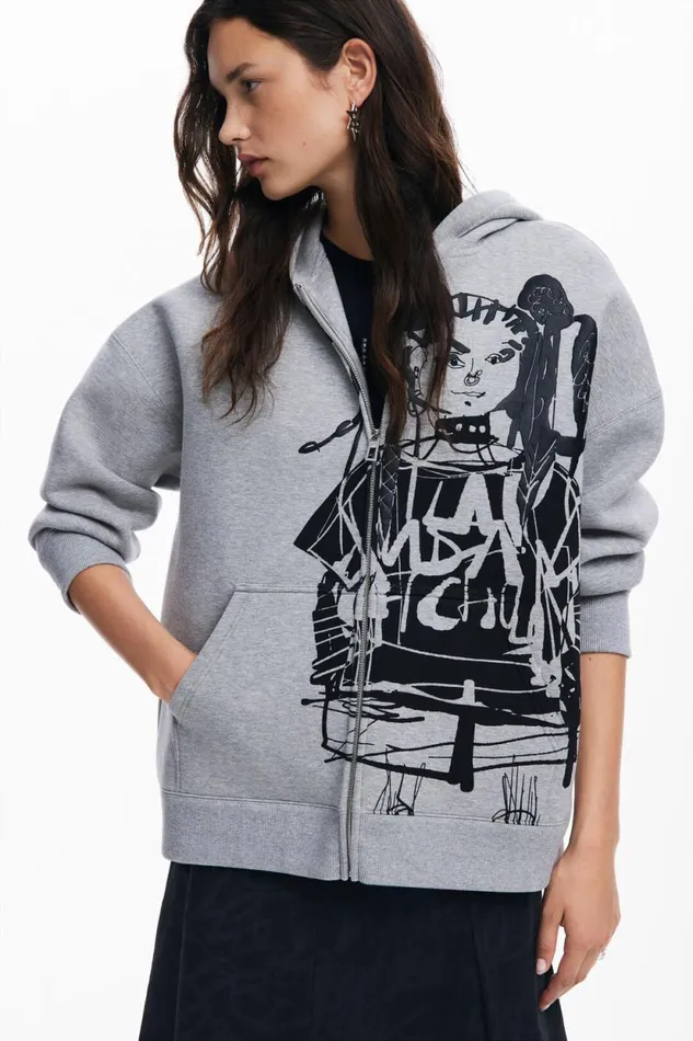 Sweaters Women Desigual Printed Zipper Sweatshirt M Christian Lacroix Black