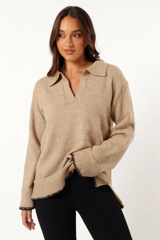 Sweaters Women Elise Contrast Hem Knit Sweater Taupe Petal and Pup