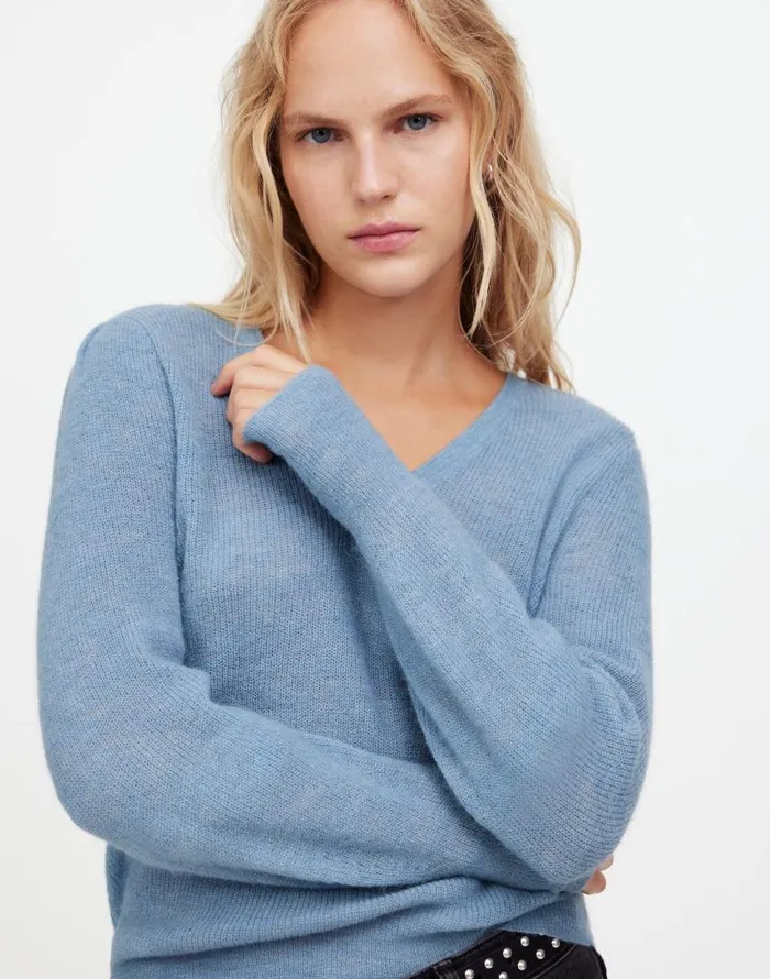 Sweaters Women Madewell AlpacaBlend Deep VNeck Sweater Hthr Blue Jeans