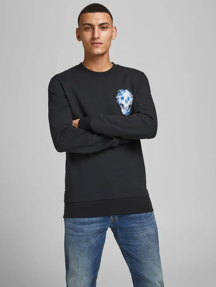 Sweatshirts JACK and JONES Mens SKULL PRINT SWEATSHIRT Black Tap Shoe For Sale