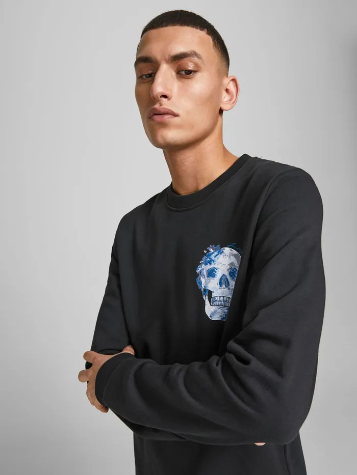Sweatshirts JACK and JONES Mens SKULL PRINT SWEATSHIRT Black Tap Shoe For Sale
