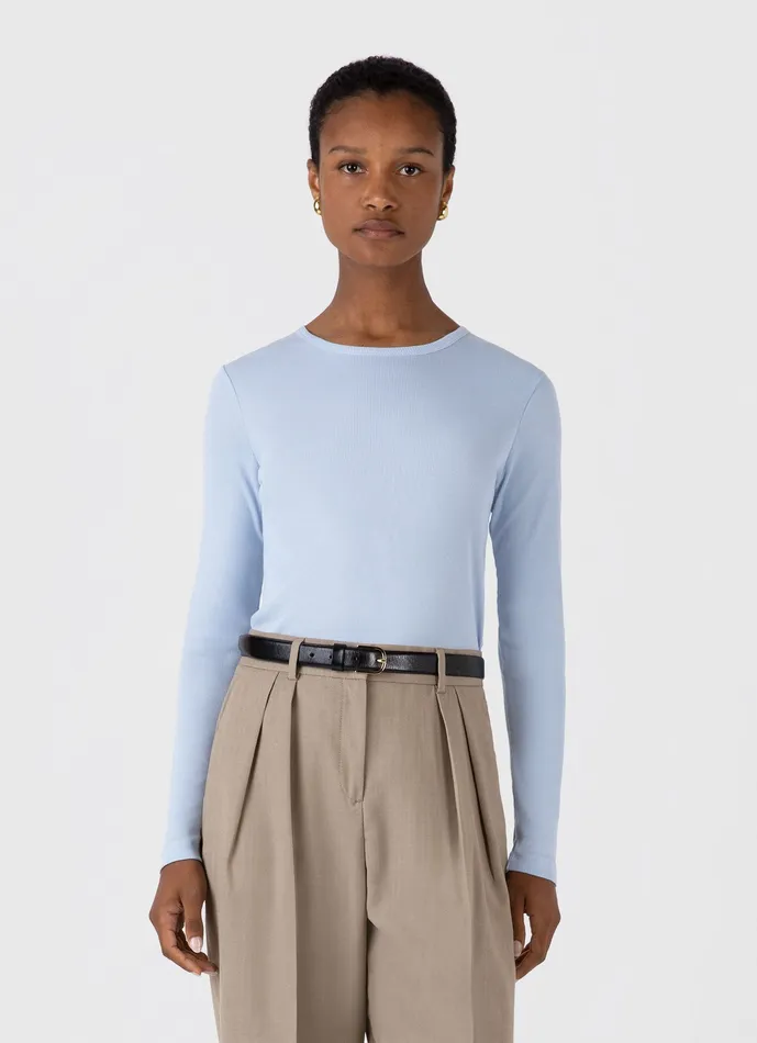 Tshirts and Tops Women Long Sleeve Ribbed Tshirt Blue Mist ussunspel
