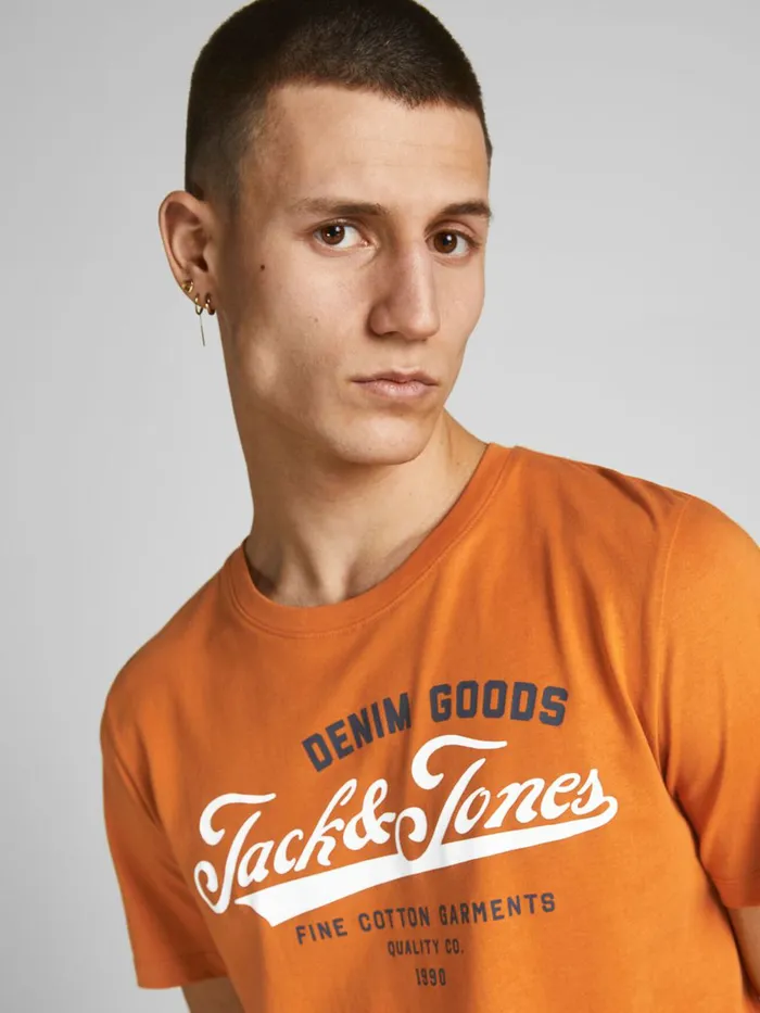 Tshirts JACK and JONES Mens COTTON JERSEY LOGO TSHIRT Orange Hawaiian Sunset On Sale