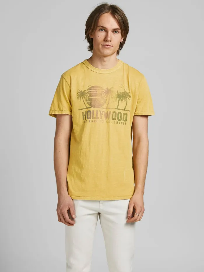 Tshirts JACK and JONES Mens FADED TROPICAL LA PRINT TSHIRT Yellow Sauterne On Sale Tshirts JACK and JONES Mens FADED TROPICAL LA PRINT TSHIRT Yellow Sauterne On Sale