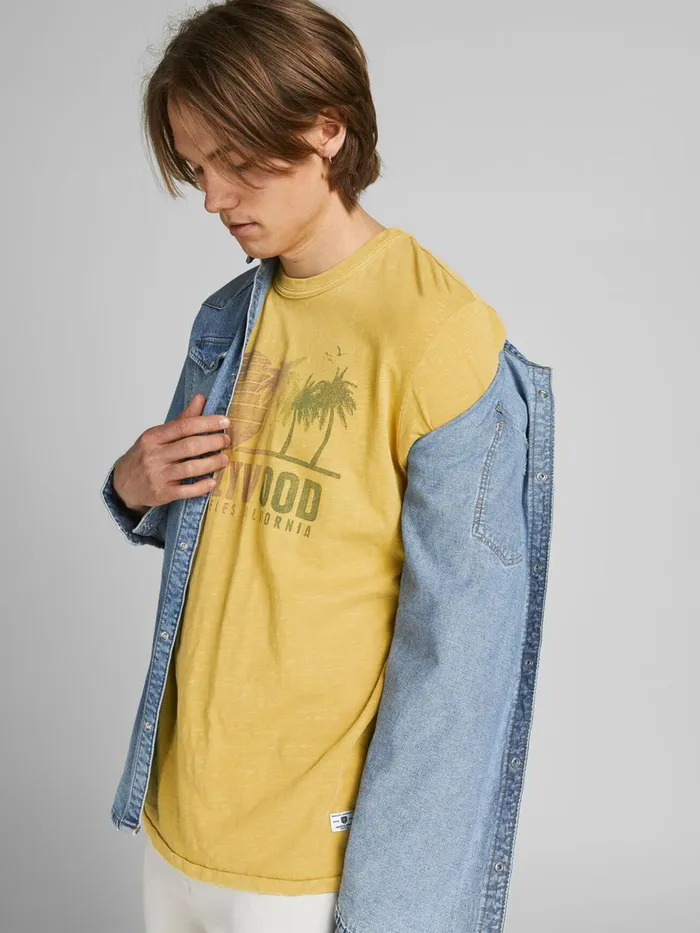 Tshirts JACK and JONES Mens FADED TROPICAL LA PRINT TSHIRT Yellow Sauterne On Sale