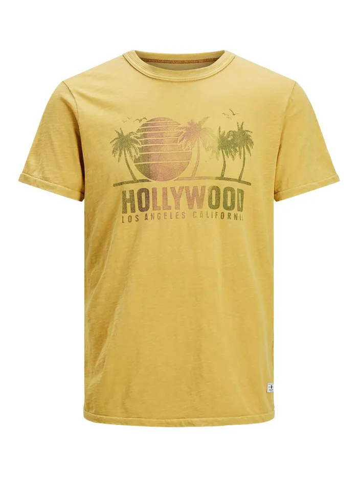 Tshirts JACK and JONES Mens FADED TROPICAL LA PRINT TSHIRT Yellow Sauterne On Sale