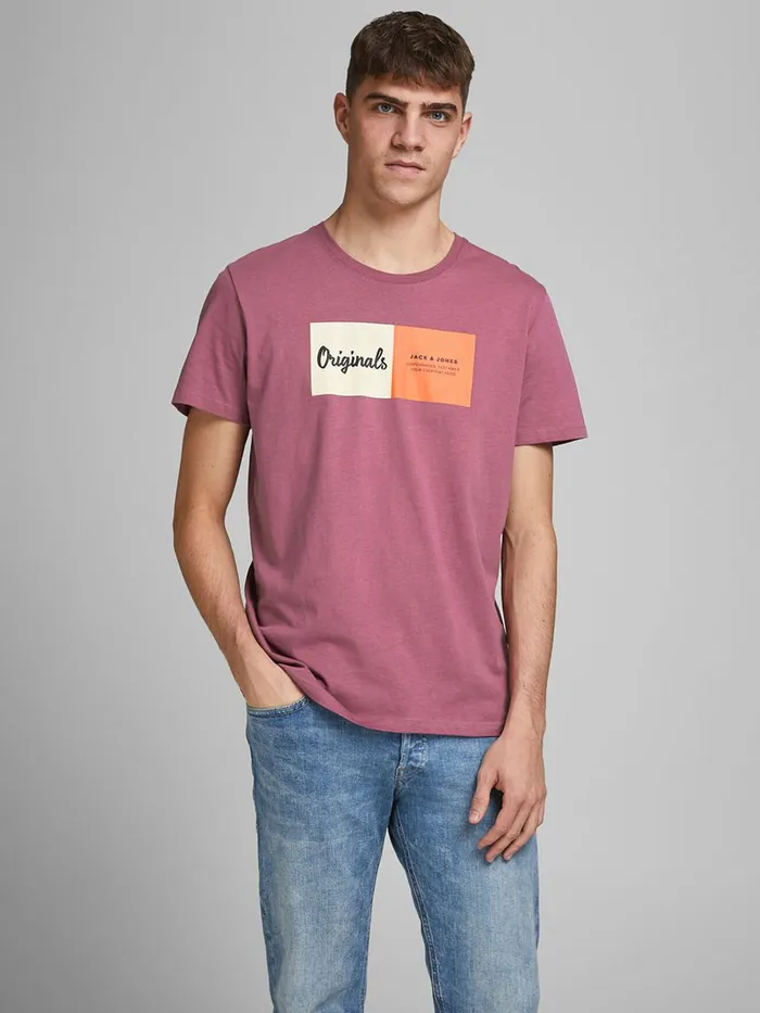 Tshirts JACK and JONES Mens LOGO PRINT TSHIRT Pink Hawthorn Rose Gift Ideas