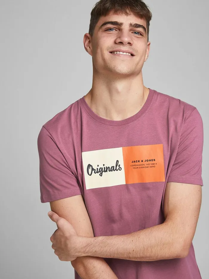 Tshirts JACK and JONES Mens LOGO PRINT TSHIRT Pink Hawthorn Rose Gift Ideas