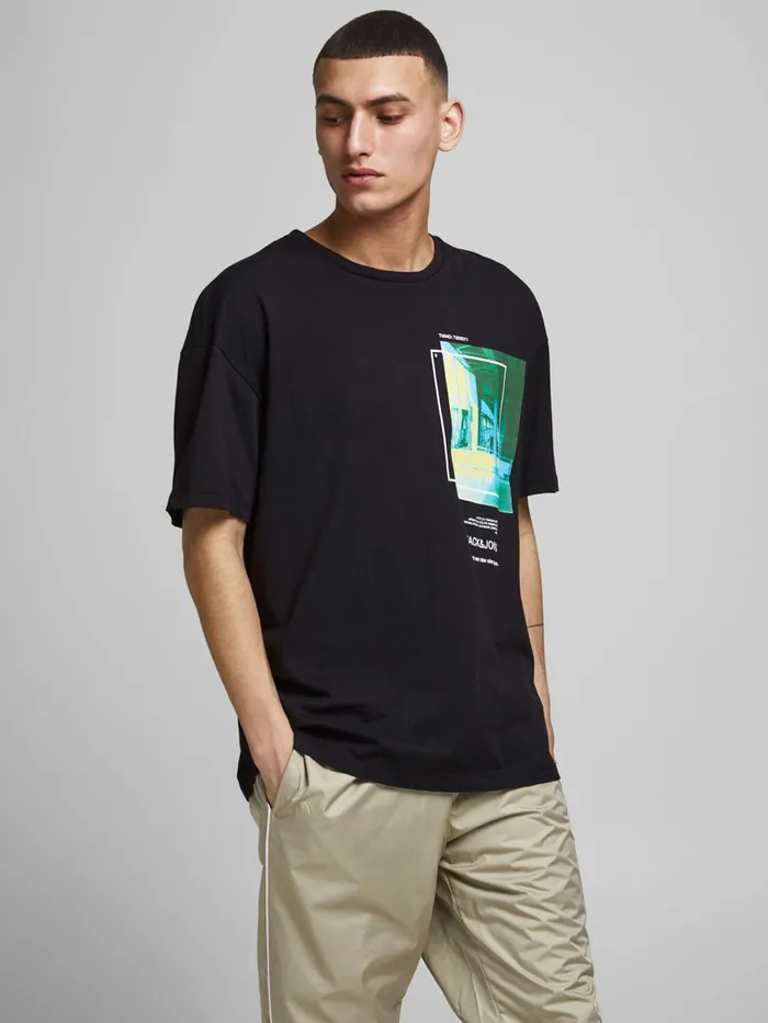 Tshirts JACK and JONES Mens PLACEMENT PRINT TSHIRT Black Black Casaul