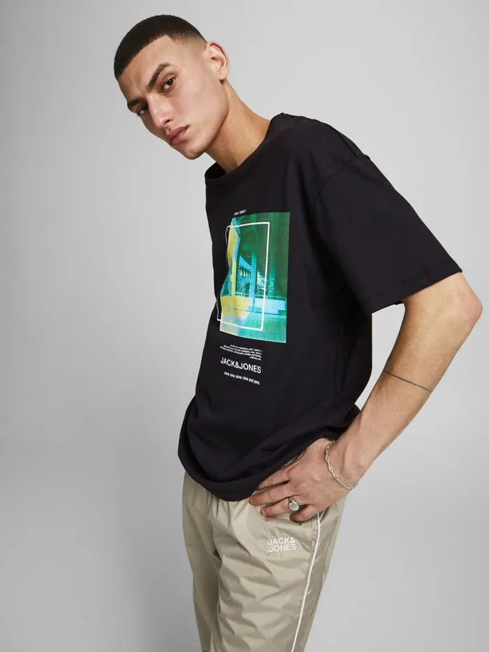 Tshirts JACK and JONES Mens PLACEMENT PRINT TSHIRT Black Black Casaul