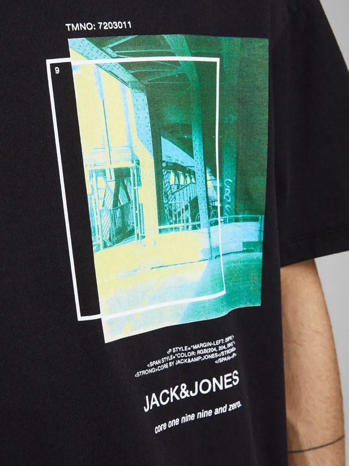 Tshirts JACK and JONES Mens PLACEMENT PRINT TSHIRT Black Black Casaul