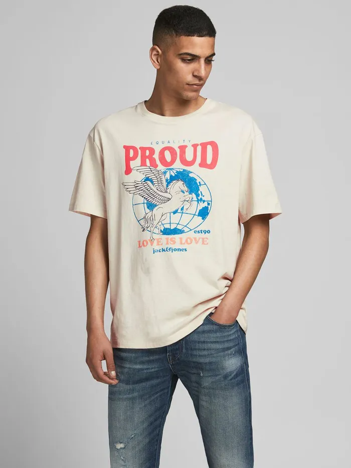 Tshirts JACK and JONES Mens PRIDE PRINT TSHIRT Beige Seedpearl Gift Ideas