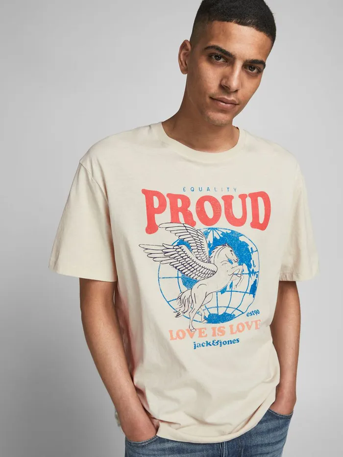 Tshirts JACK and JONES Mens PRIDE PRINT TSHIRT Beige Seedpearl Gift Ideas
