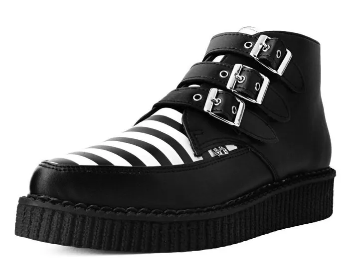 TUK Shoes Boots Men Black and White Stripe Vegan 3Buckle Pointed Boot