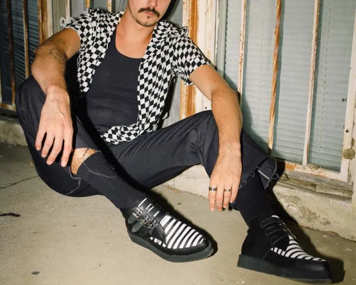 TUK Shoes Boots Men Black and White Stripe Vegan 3Buckle Pointed Boot TUK Shoes Boots Men Black and White Stripe Vegan 3Buckle Pointed Boot