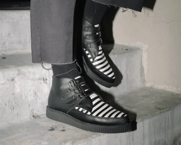 TUK Shoes Boots Men Black and White Stripe Vegan 3Buckle Pointed Boot TUK Shoes Boots Men Black and White Stripe Vegan 3Buckle Pointed Boot
