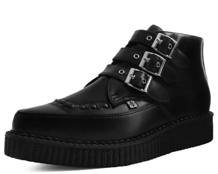 TUK Shoes Boots Women Black Vegan TUKskin 3Buckle Strap Pointed Toe Creeper Boots