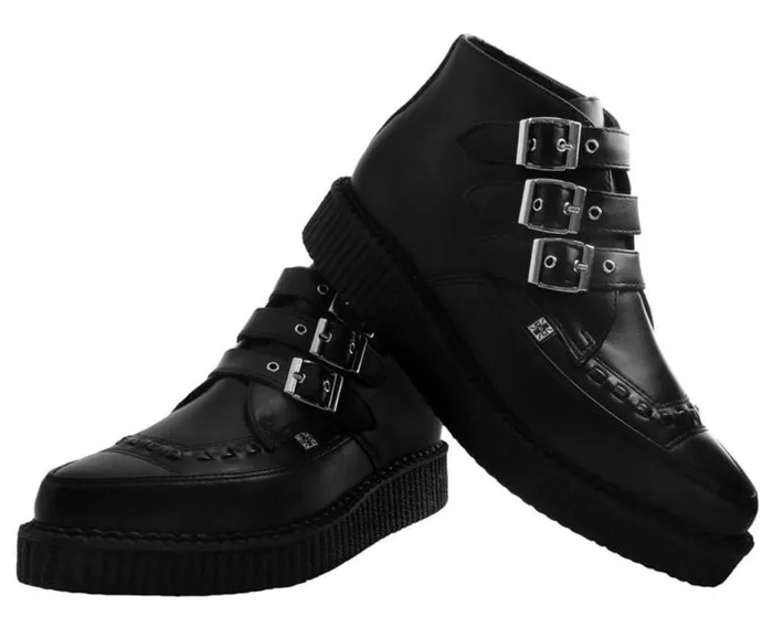 TUK Shoes Boots Women Black Vegan TUKskin 3Buckle Strap Pointed Toe Creeper Boots